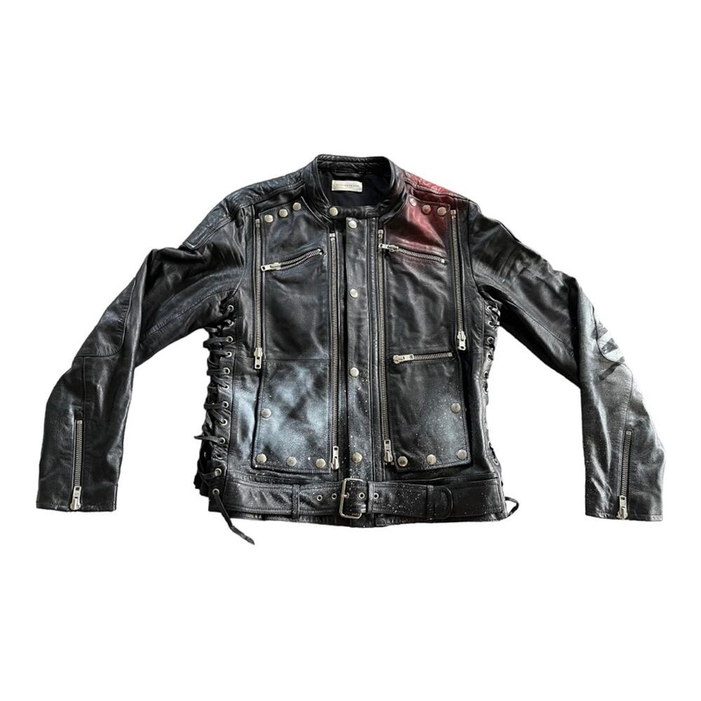 Faith Connexion Men's Black Skull Print Leather Jacket Size‎ Medium